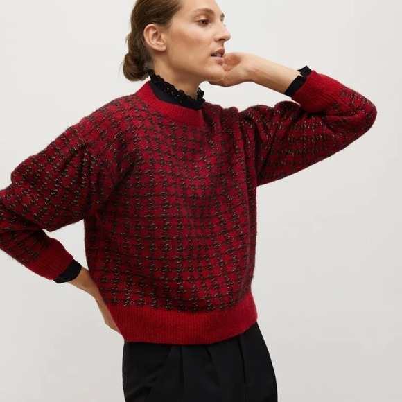 Mango Sweaters - MNG Mango Houndstooth Wool Blend Knit Sweater Size S Red Black Metallic